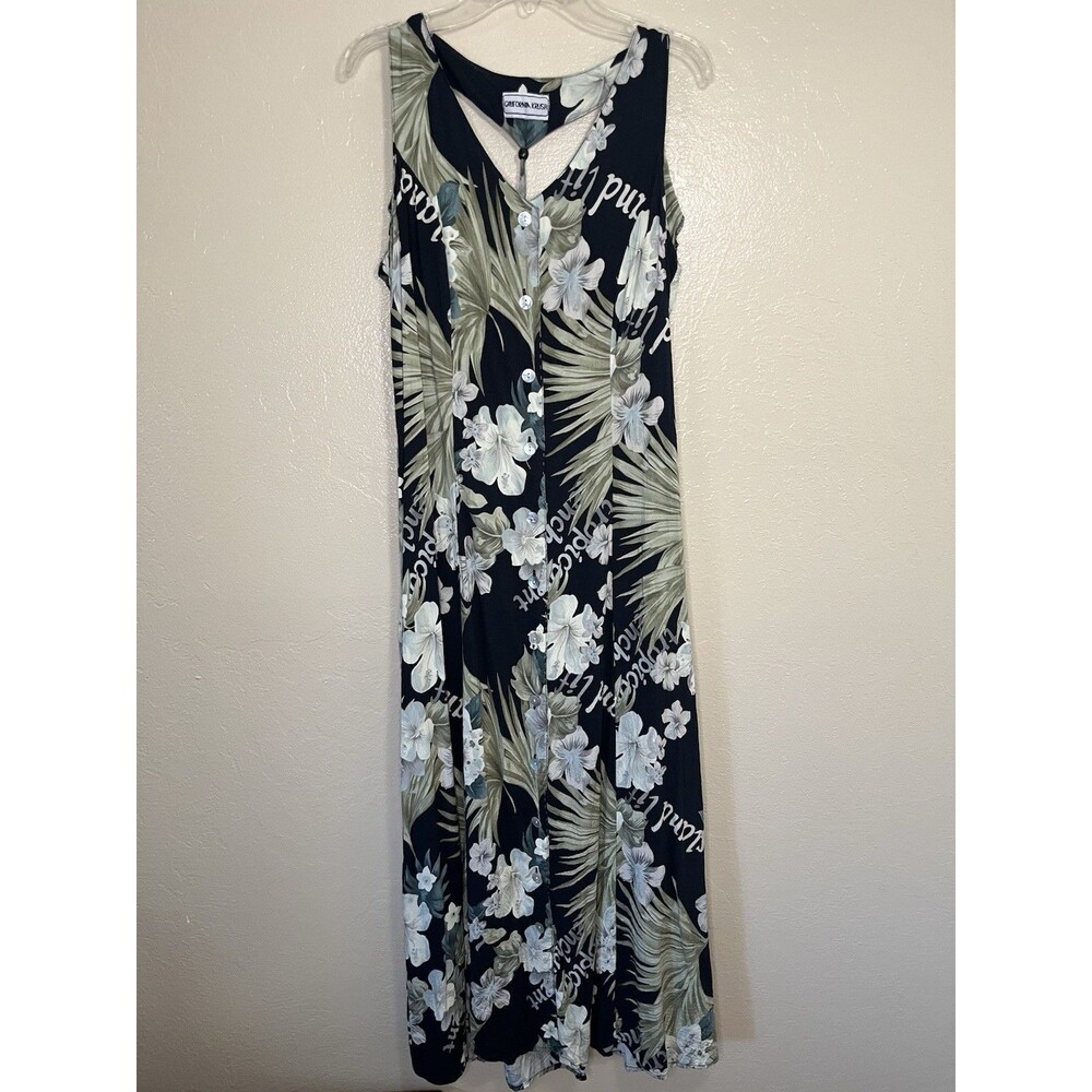 VTG California Krush Sleeveless Green/Black Tropical Print Maxi Dress Women's 10